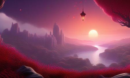 3D illustration of fantasy landscape with hot air balloon flying over the seaの素材