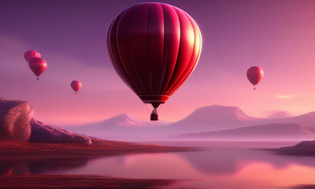 Hot air balloons flying over lake at sunset. 3D Renderingの素材