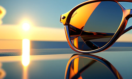 Sunglasses with reflection on the beach at sunset. 3d renderingの素材