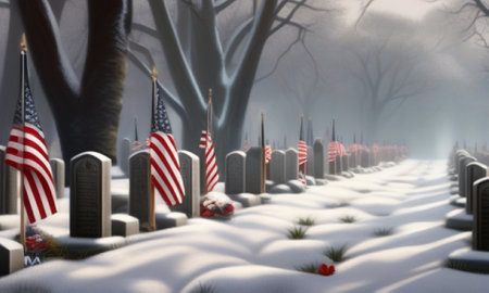 Gravestones with American flags in the cemetery. 3d renderingの素材