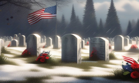 Graves and American flag in the snow. 3D illustration.の素材