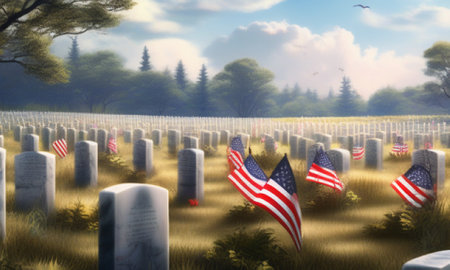 3d rendering of a cemetery with American flags in the foreground.の素材