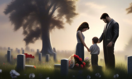 Happy family with grave in the cemetery. 3d render illustration.の素材