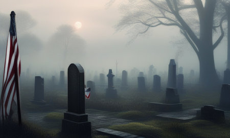 Gravestones and American flag in foggy graveyard. 3D renderingの素材