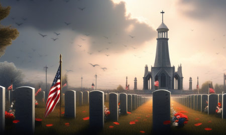 American flag and cemetery with gravestones at sunset. 3D renderingの素材