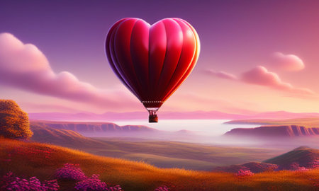Heart shaped hot air balloon flying over meadow. 3D Renderingの素材