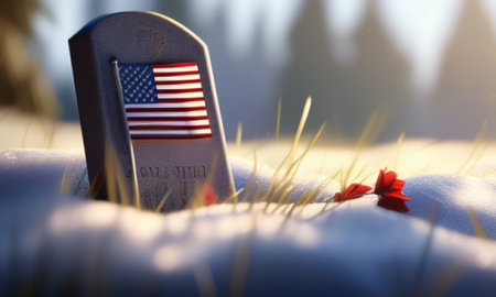 American flag on a grave in the snow. 3d illustration.の素材