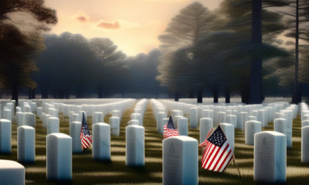 American flag on gravestones in graveyard at sunset. 3D renderingの素材