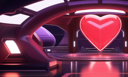 3D rendering of the interior of a spaceship with a red heartの素材