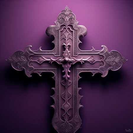 Metal cross on a purple background. 3D rendering. Computer digital drawing.の素材