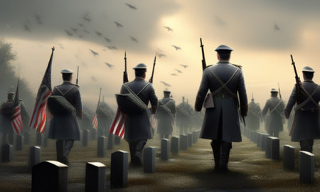 Soldiers of the Second World War in the cemetery, 3d renderの素材