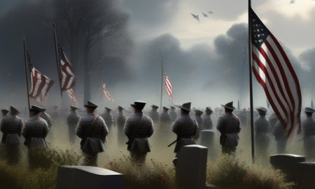 American soldiers in the cemetery, 3D rendering. Computer digital drawing.の素材