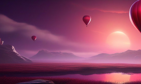 Hot air balloons flying over the lake at sunset. 3D Renderingの素材