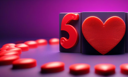 Red heart and cubes with the number 5 on purple background. 3D illustrationの素材