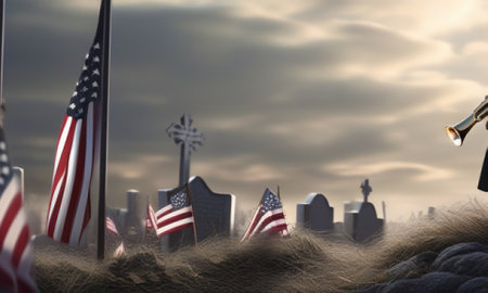 American flag and gravestones in graveyard. 3d render illustration.の素材