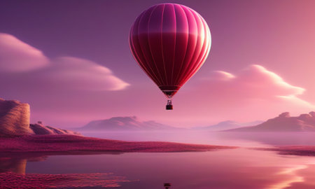 Hot air balloon flying over the lake. 3d render illustration.の素材
