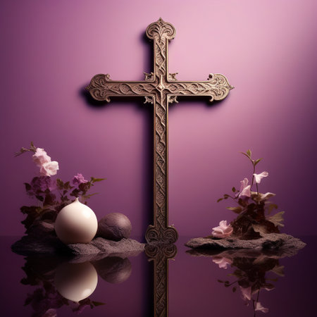 Cross with flowers and easter eggs on a mirror surface with reflectionの素材