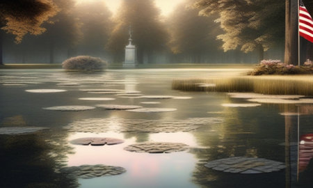 Lakeside park with trees and lanterns reflecting in the waterの素材