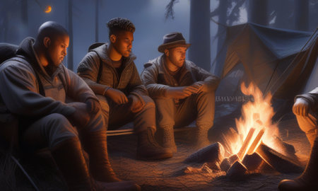 Group of friends sitting near bonfire at night. Camping concept.の素材