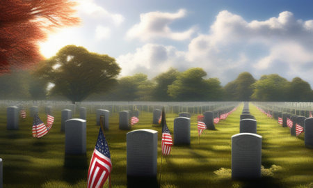 American cemetery with american flags and trees in the mist. 3d renderの素材