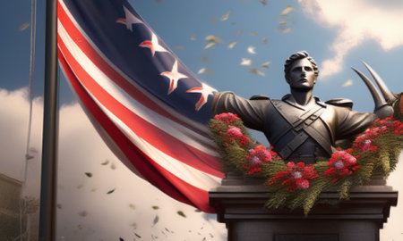statue of liberty with the american flag in the background - 3d renderの素材