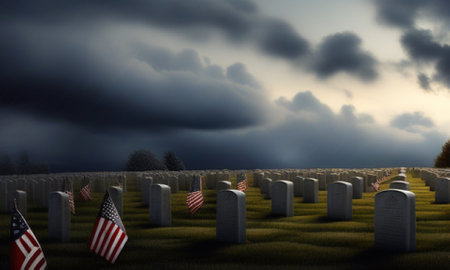 3D rendering of a graveyard with american flags and storm cloudsの素材