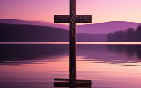 Cross on the lake at sunrise. Conceptual image. 3d renderingの素材