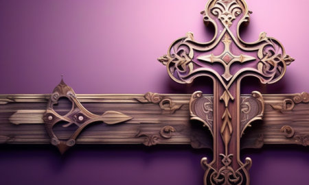Wooden cross on a purple background. 3d rendering. Computer digital drawing.の素材