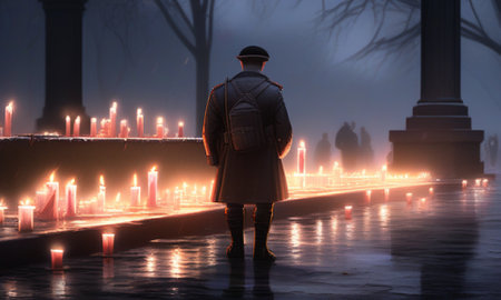Silhouette of a man walking in a foggy city at nightの素材