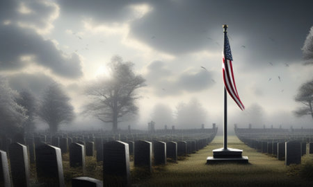 American flag on grave in misty graveyard. 3D Renderingの素材