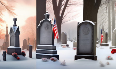 Gravestones in the cemetery during a snowfall, 3d renderの素材