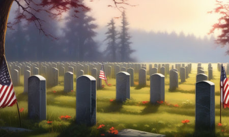 Graveyard with American flag and flowers in fog. 3d renderingの素材