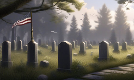 Gravestones at the cemetery in the mist. 3d renderingの素材
