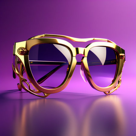 Sunglasses with golden frame on purple background. 3d illustrationの素材