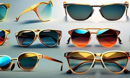 Sunglasses in different colors on a gray background. 3d renderingの素材