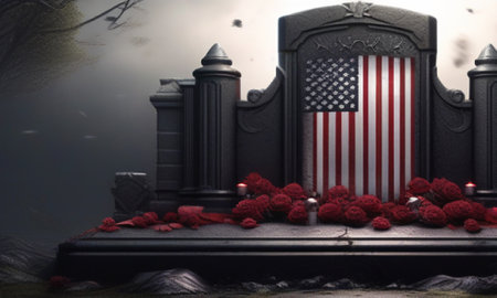 Grave with American flag and red roses. 3d render illustration.の素材