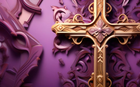 Beautiful wooden cross on a purple background. Religion concept. Close up.の素材