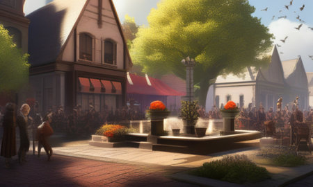 3d render of a medieval town with people in the background.の素材