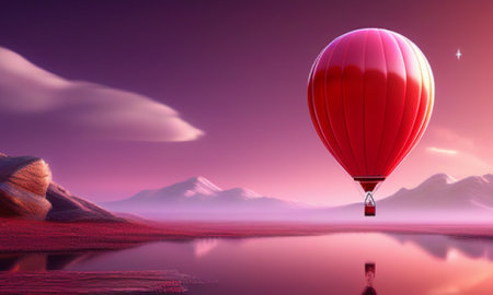Hot air balloon flying over the lake. 3d render illustration.の素材