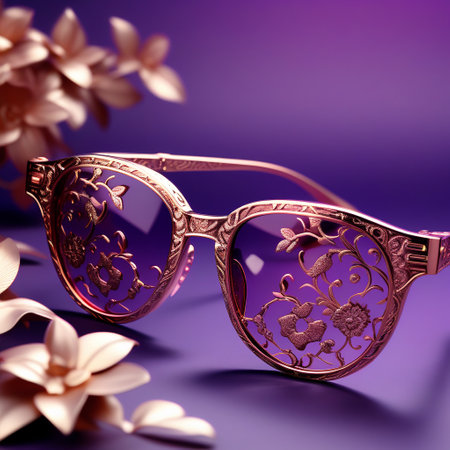 Sunglasses with floral pattern on a purple background. Selective focus.の素材