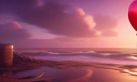 Beautiful seascape with a balloon in the sky. 3d renderの素材
