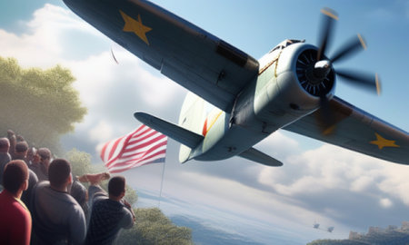 American Airplane Flying in the Sky 3D Rendered Illustrationの素材
