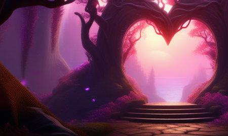 3D rendering of a fantasy landscape with a heart-shaped portalの素材
