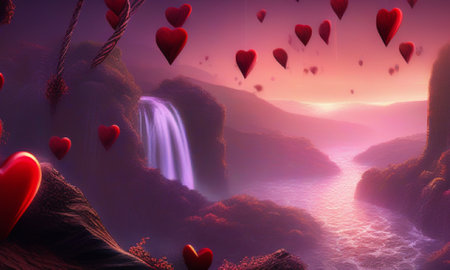Valentine's day background with hearts and waterfall. 3D renderingの素材