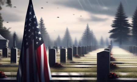 Gravestones and American flag in the cemetery. 3d renderingの素材