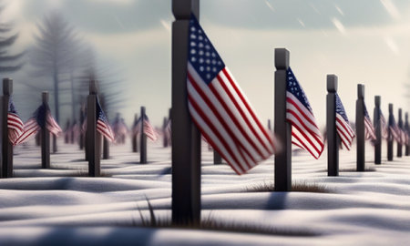 American flags on cemetery during a snow storm. 3D illustration.の素材