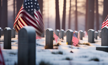 Graves and American flags on a cemetery in the winter at sunsetの素材