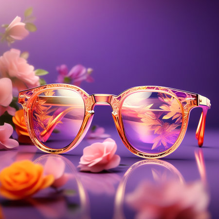 Sunglasses with flowers on a purple background. 3d renderingの素材