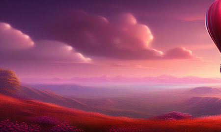 Hot air balloon flying in the sky. 3D render. Fantasy landscape.の素材