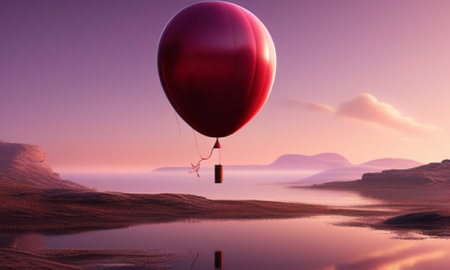 Hot air balloon flying over a lake at sunset. 3d renderの素材